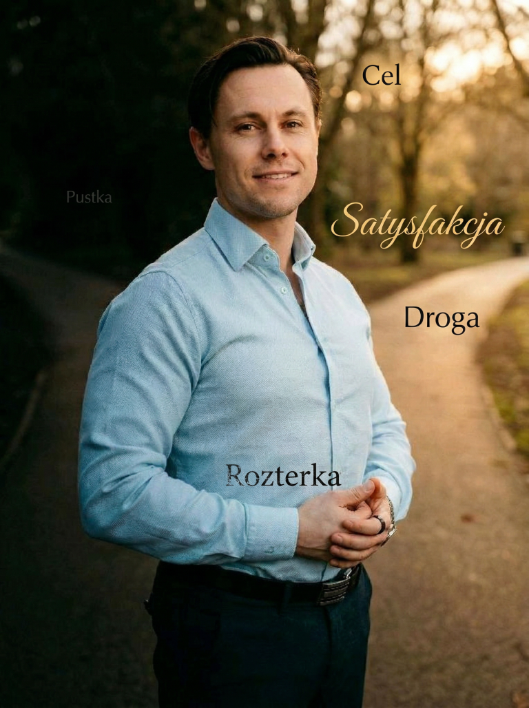 Portret mężczyzny na drodze z subtelnymi słowami: Droga, Rozterka, Cel, Pustka, Satysfakcja