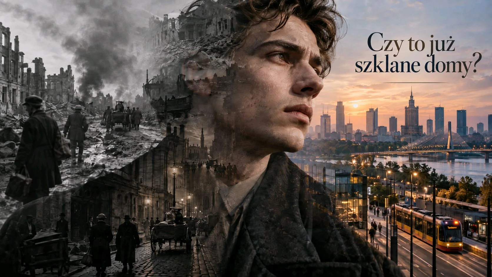 Cezary Baryka z Przedwiośnia w podwójnej ekspozycji: zrujnowane miasto z przeszłości i współczesna panorama Warszawy z Pałacem Kultury – Czy to już szklane domy?